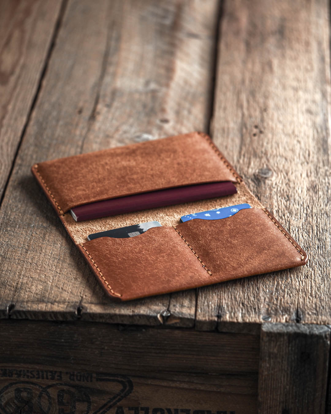 Luava handmade leather passport wallet cognac open