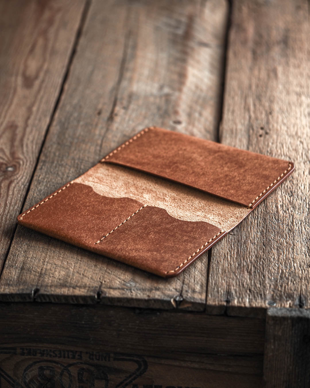 Luava handmade leather passport wallet cognac open empty