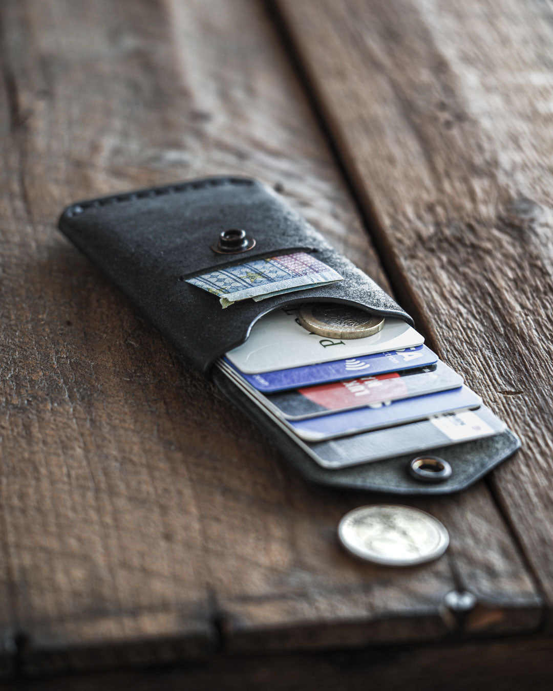 Handmade leather wallet messenger black front open