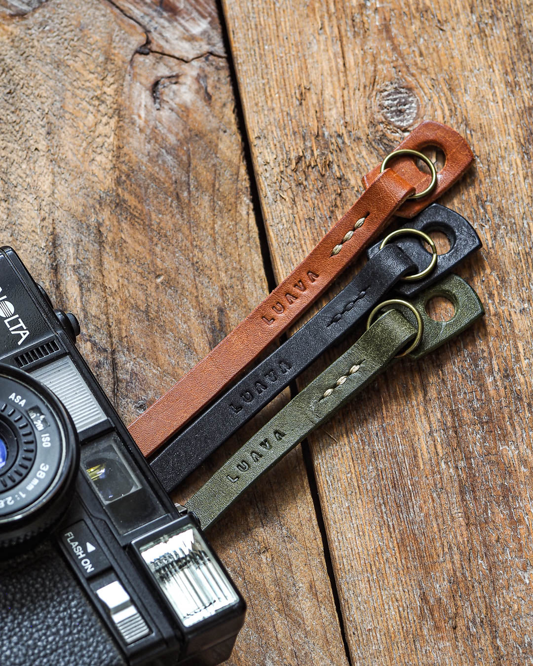 Luava handcrafted leather camera strap adjustable slim pueblo cognac black olive