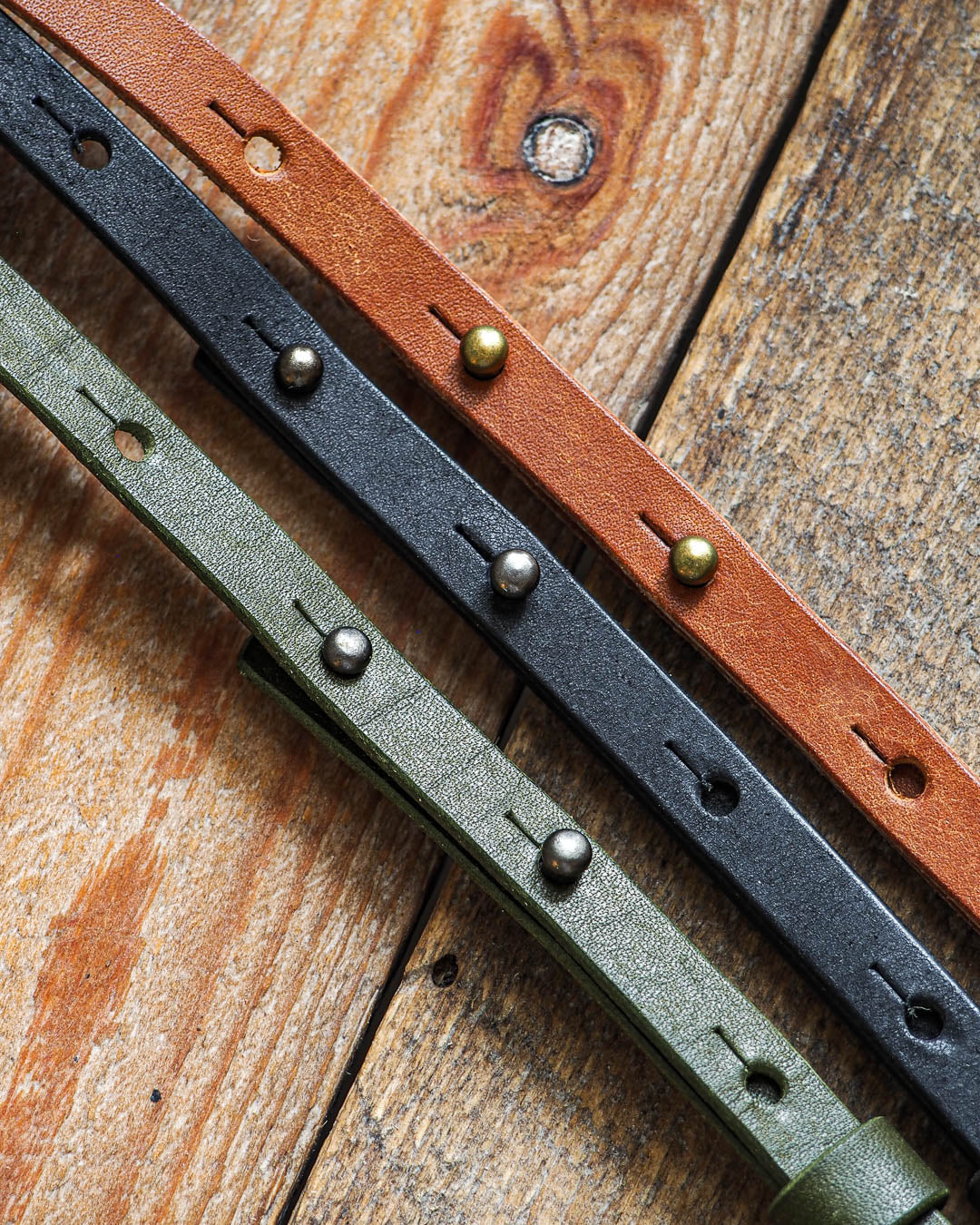 Luava handcrafted leather camera strap adjustable slim pueblo cognac metal stud