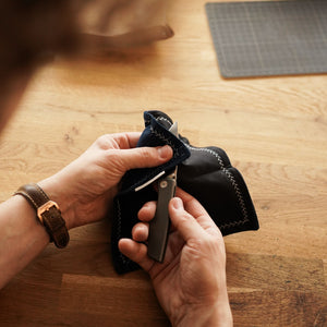 Kanto Goods Japanese indigo kasuri EDC hank. Blue handkerchief with microfibre handmade in Finland