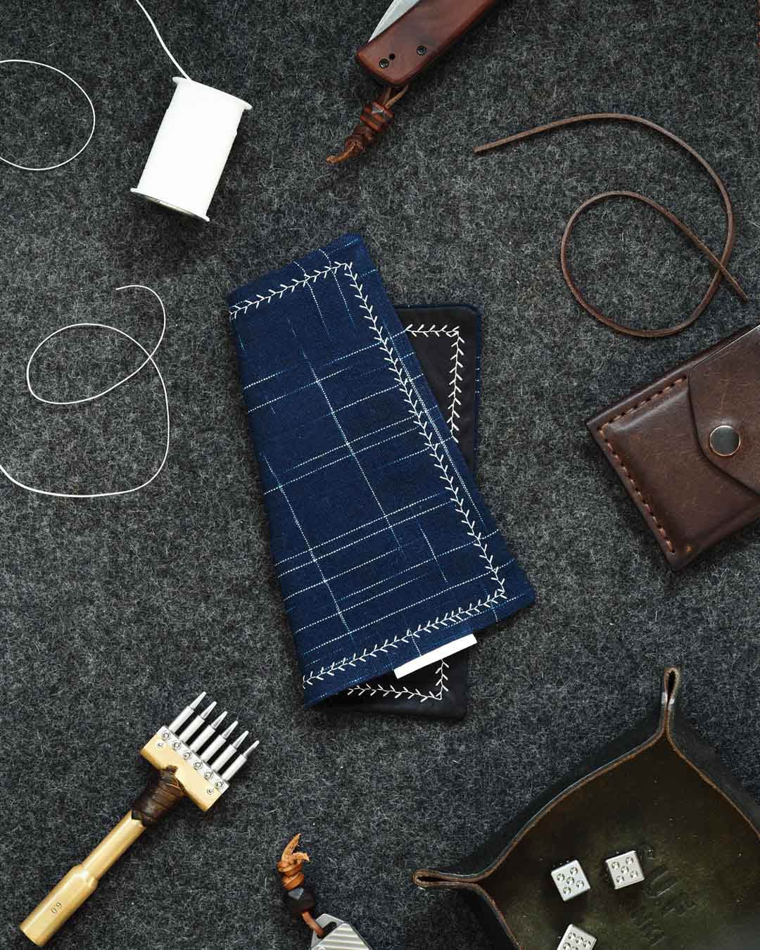 Kanto Goods Japanese indigo kasuri EDC hank. Blue handkerchief with microfibre handmade in Finland