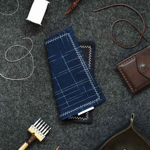 Kanto Goods Japanese indigo kasuri EDC hank. Blue handkerchief with microfibre handmade in Finland