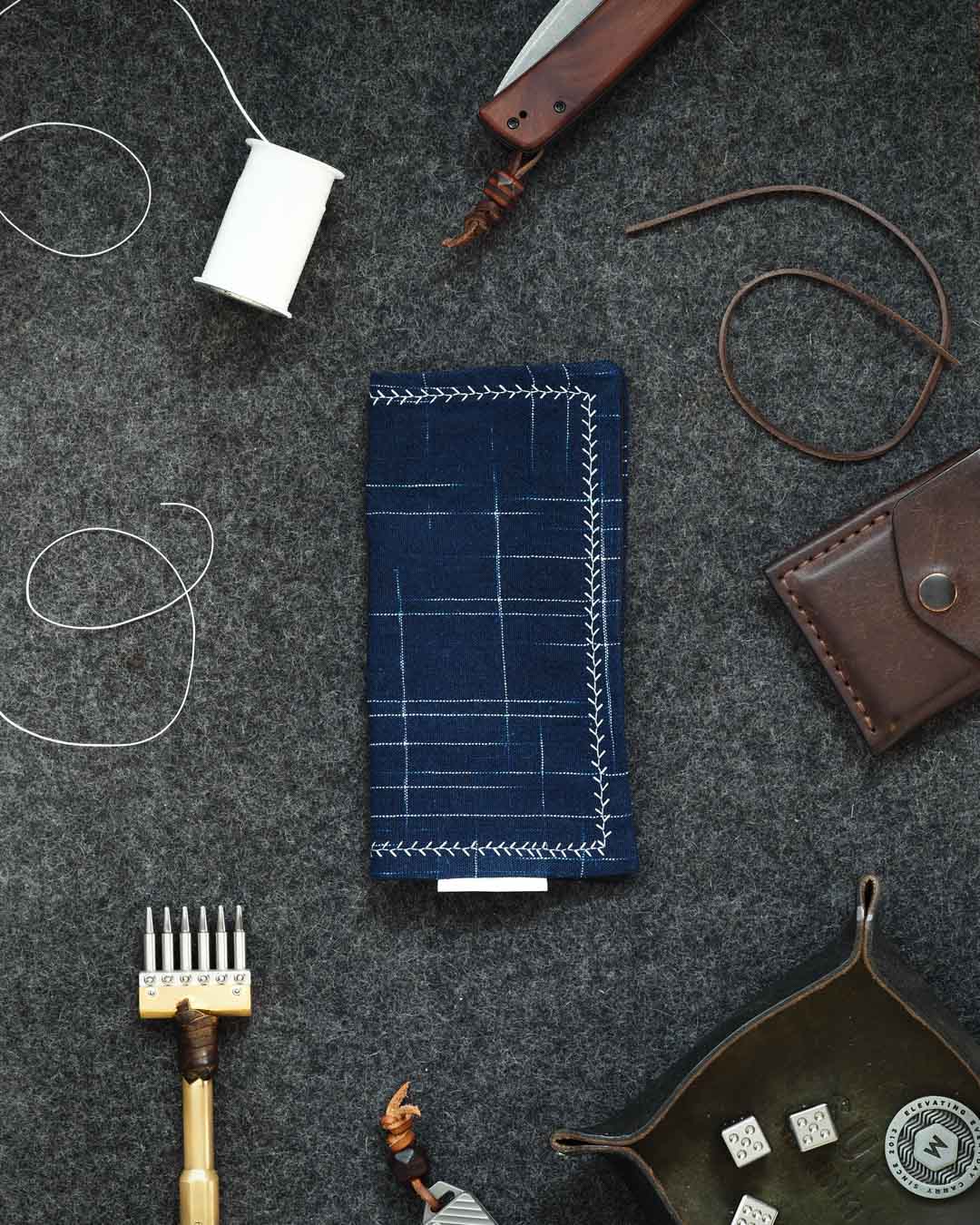 Kanto Goods Japanese indigo kasuri EDC hank. Blue handkerchief with microfibre handmade in Finland