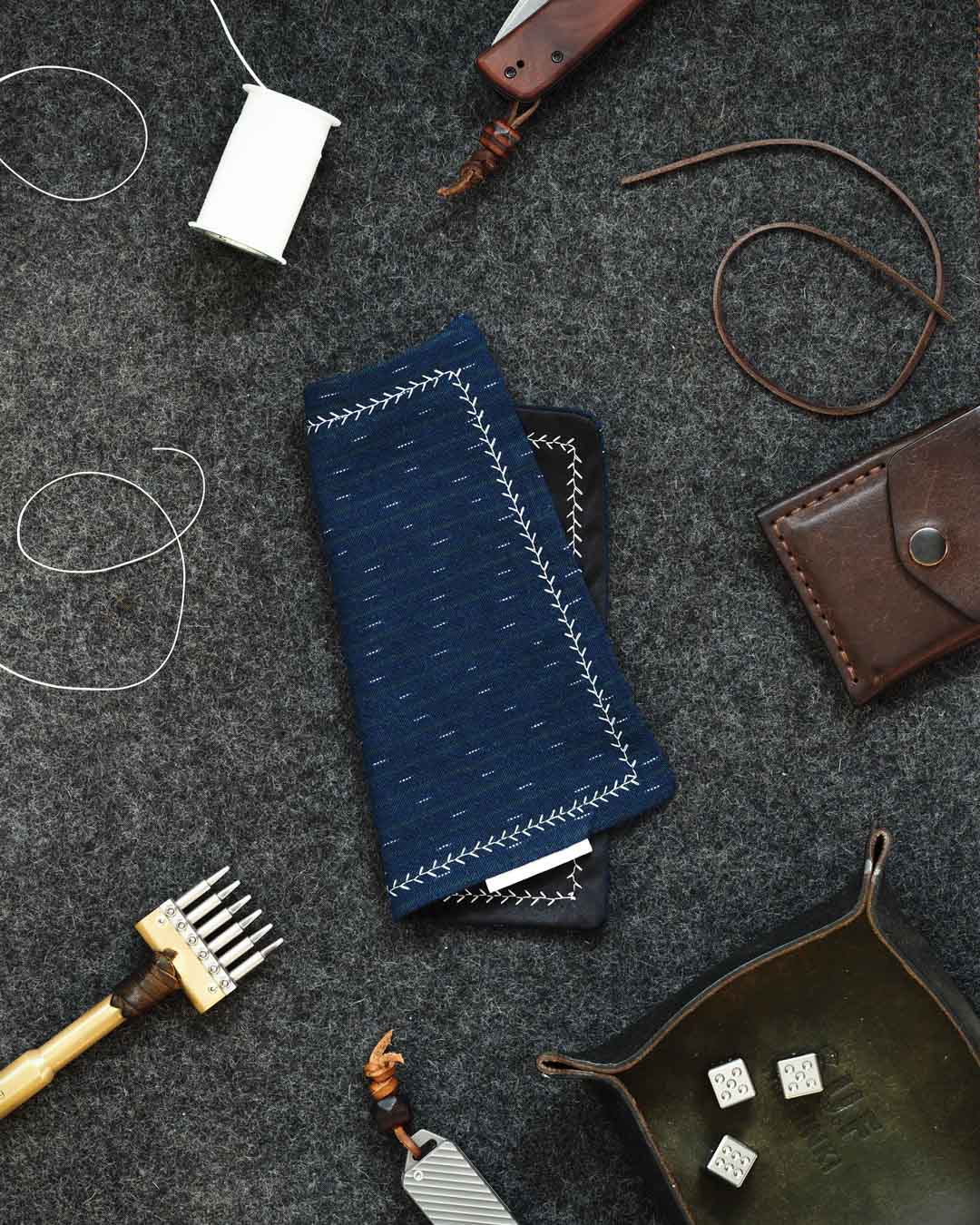 Kanto Goods Japanese indigo kasuri EDC hank. Blue handkerchief with microfibre handmade in Finland