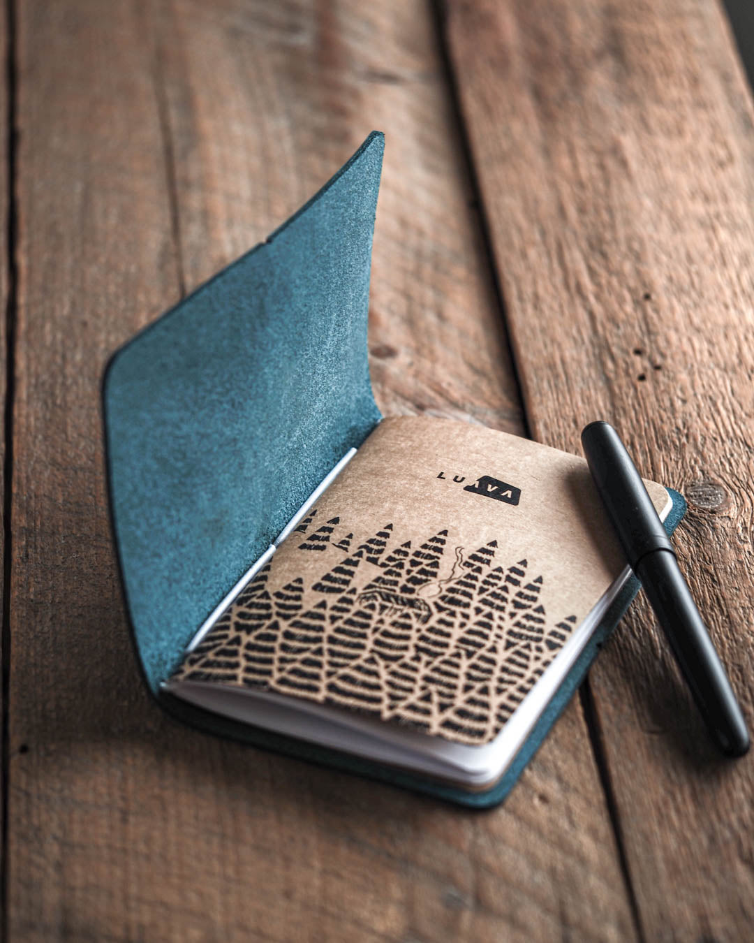 Luava handmade leather journal Ranger Journal color aqua blue. Open
