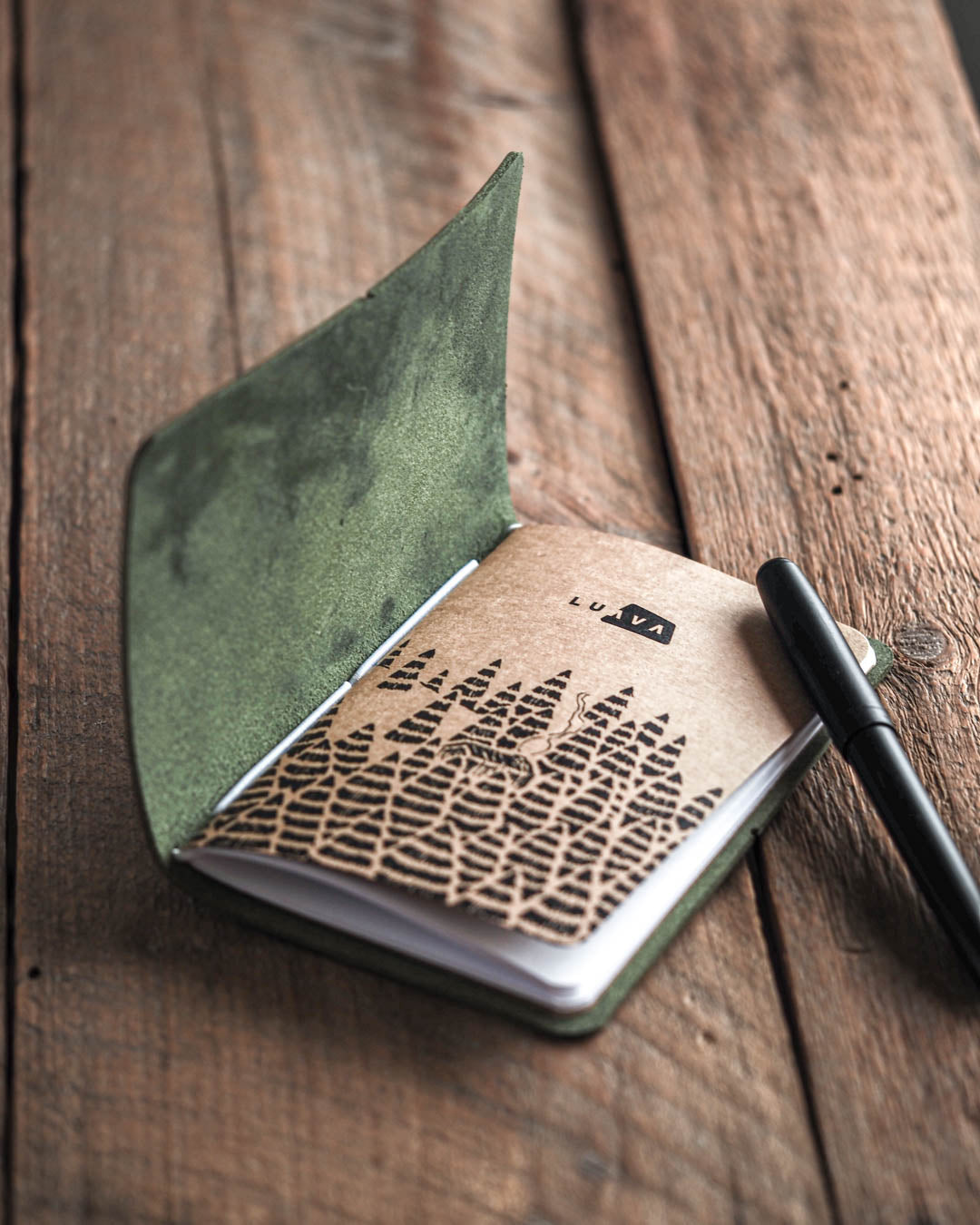 Luava handmade leather journal Ranger Journal color pine green. Open
