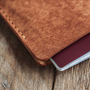 Luava handmade leather passport cover. color cognac. corner