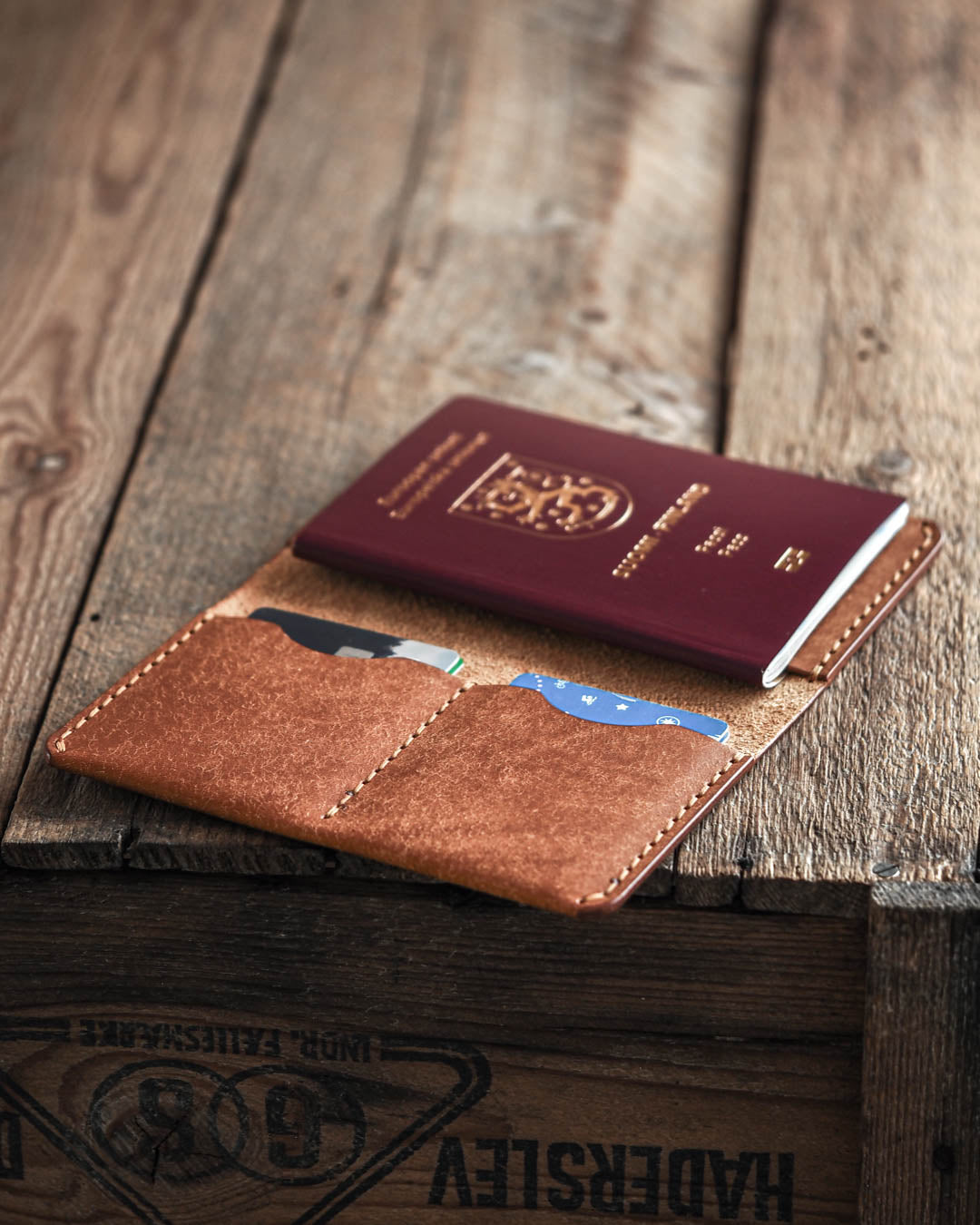 Luava handmade leather passport wallet cognac open in use