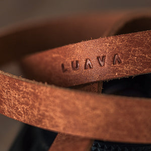 Luava handmade leather camera strap Ramble logo detail