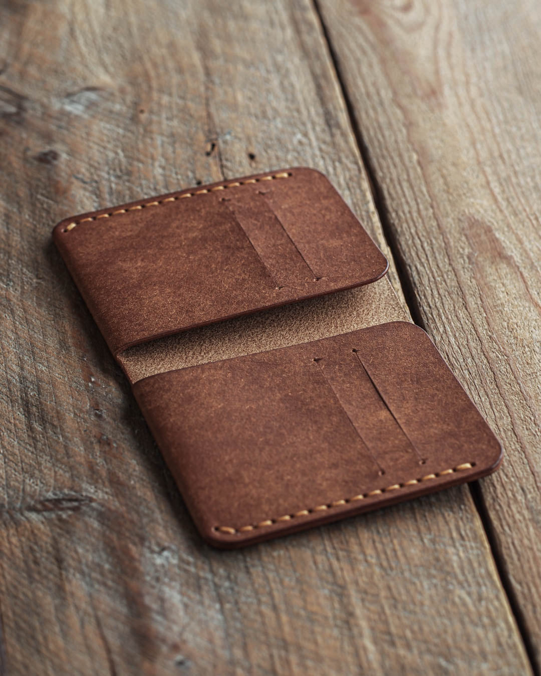 Luava handmade leather bi-fold wallet for men cognac open