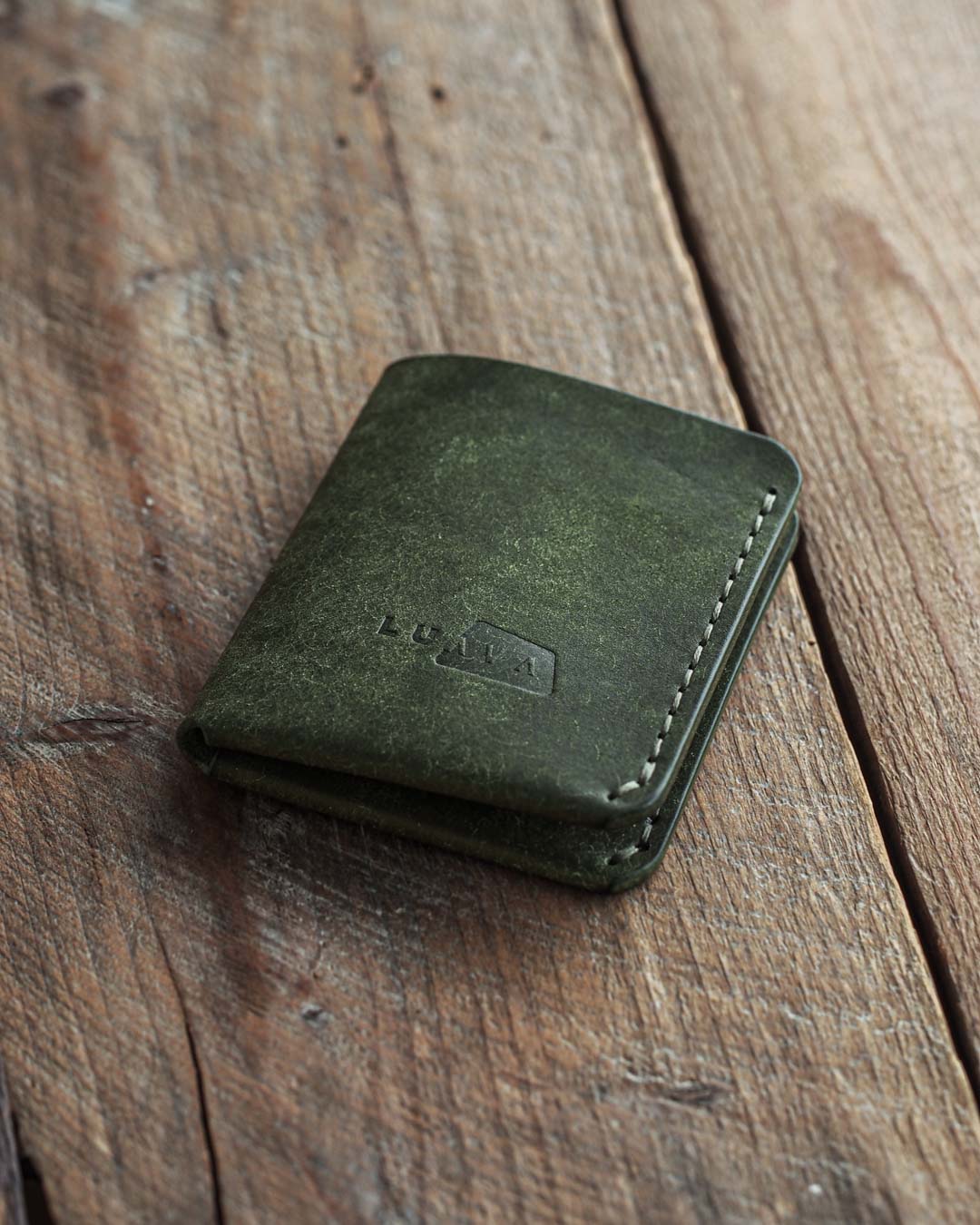 Luava handmade leather bi-fold wallet for men pine green front