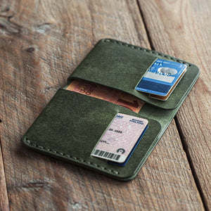 Luava handmade leather bi-fold wallet for men pine green open in use