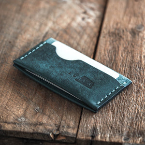 Luava handmade leather wallet Flat in aqua color back in use
