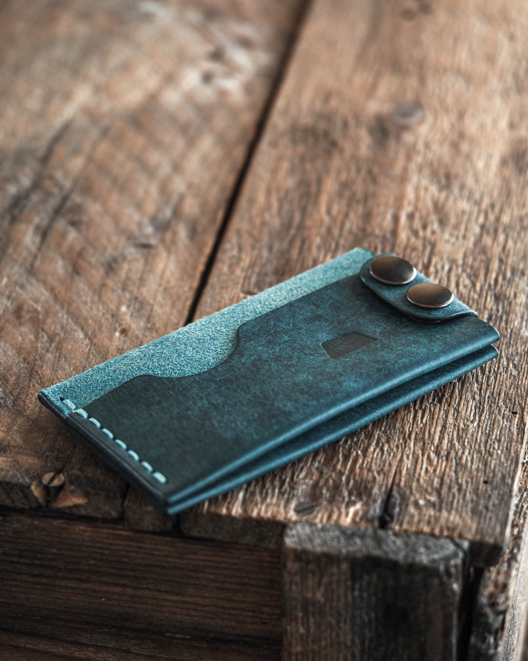 Luava handmade leather wallet Flat in aqua color front