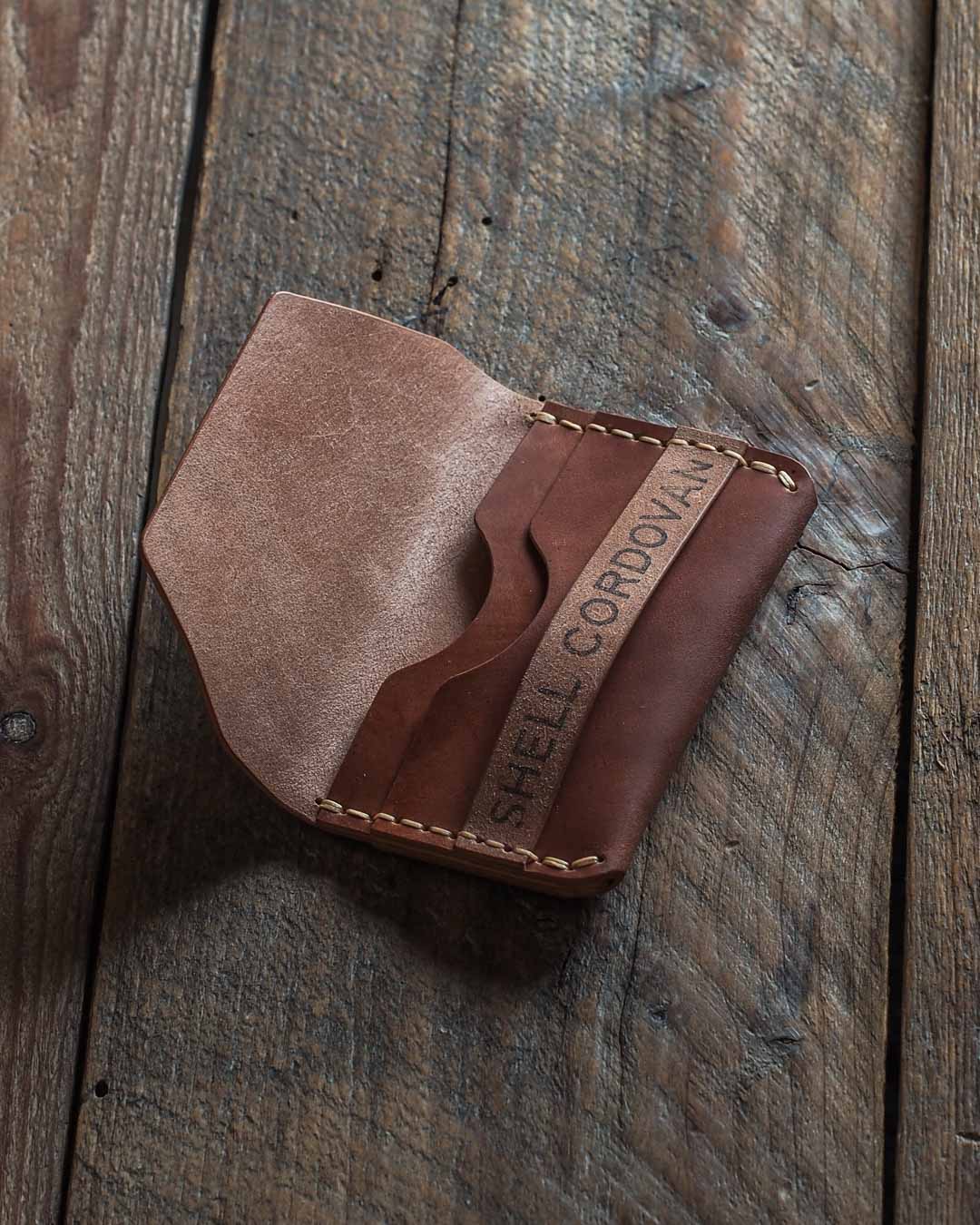 Handmade shell cordovan leather wallet Gofer open