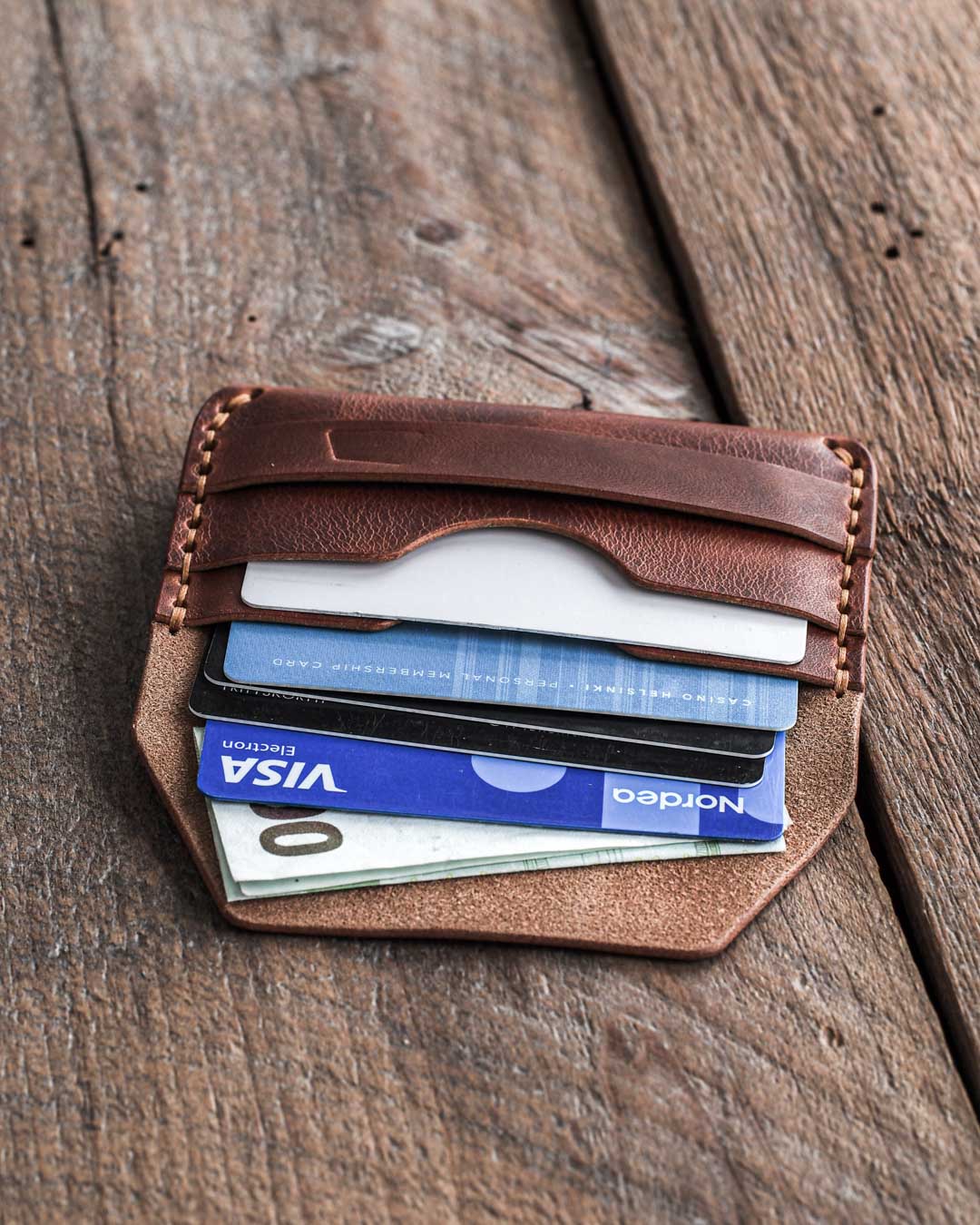 handmade leather card holder gofer wallet open in use