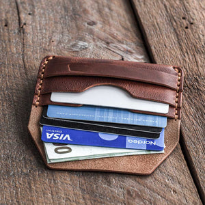 handmade leather card holder gofer wallet open in use