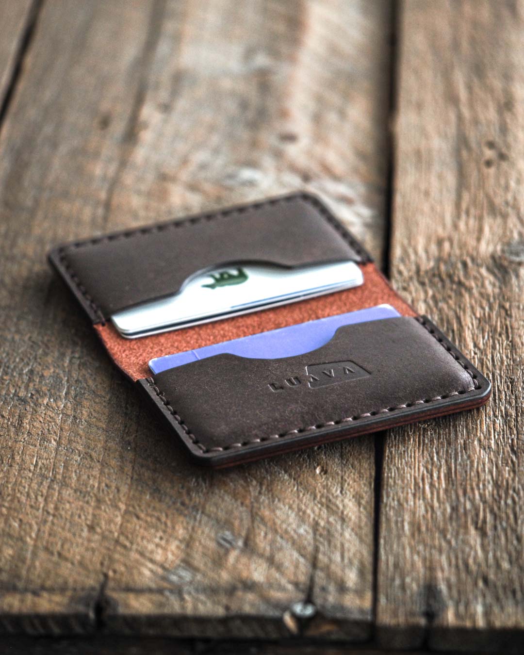 Luava handmade leather bi-fold wallet for men and women. Limited edition Fabric burgundy Journeyman Wallet. inside open.