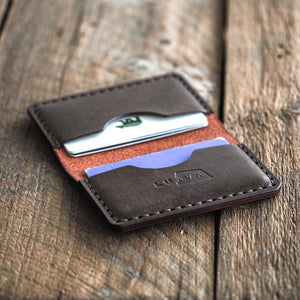 Luava handmade leather bi-fold wallet for men and women. Limited edition Fabric burgundy Journeyman Wallet. inside open.