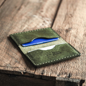 Luava handmade leather bi-fold wallet journeyman pine open in use