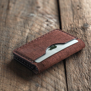 Luava handmade leather bi-fold wallet for men and women. Limited edition Fabric brown Journeyman Wallet. back closed