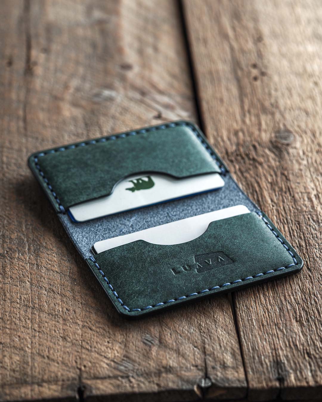 Luava handmade leather bifold wallet for men. Color blue open inside