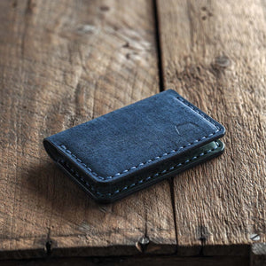 Luava handmade leather bifold wallet for men. Color blue front