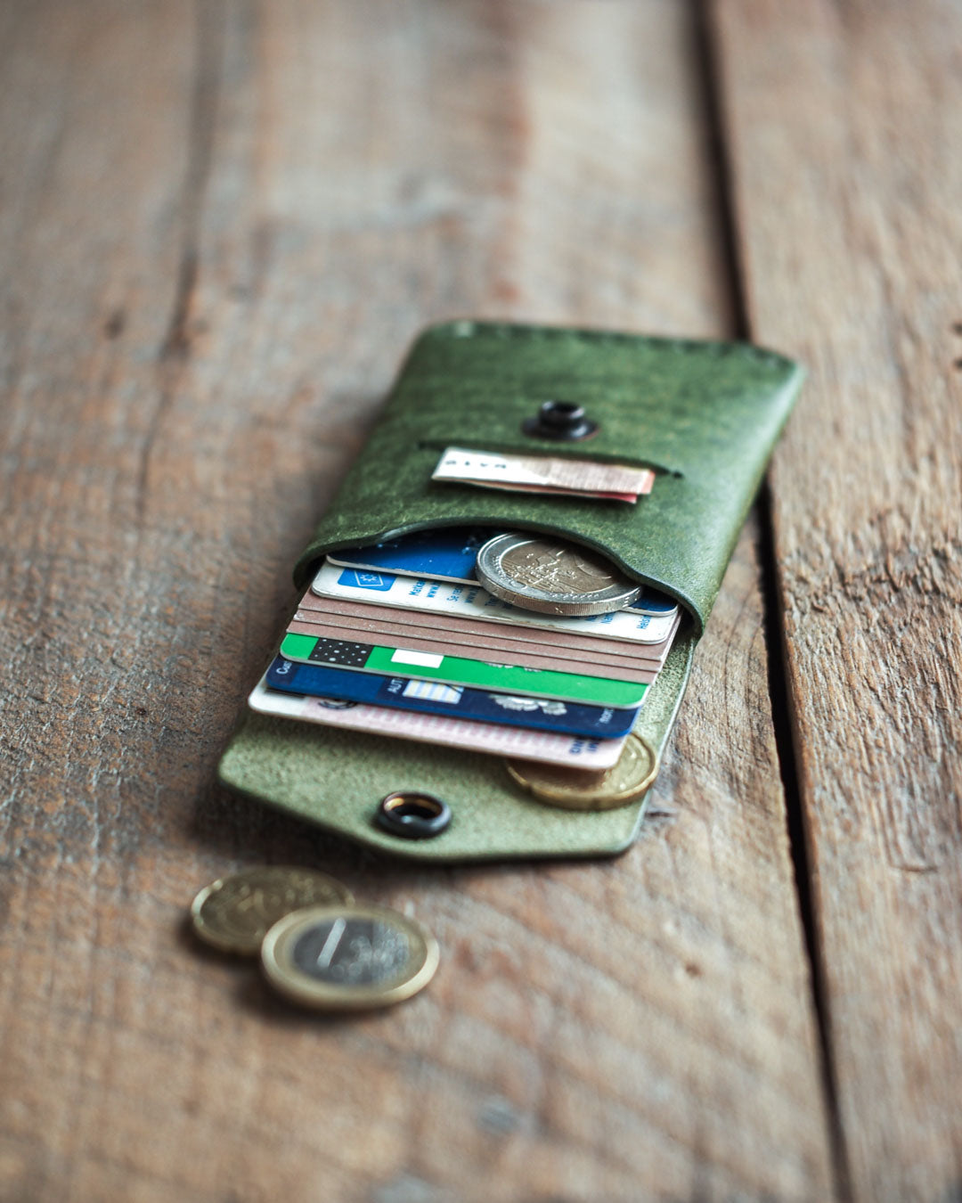 Handmade leather wallet messenger pine front open