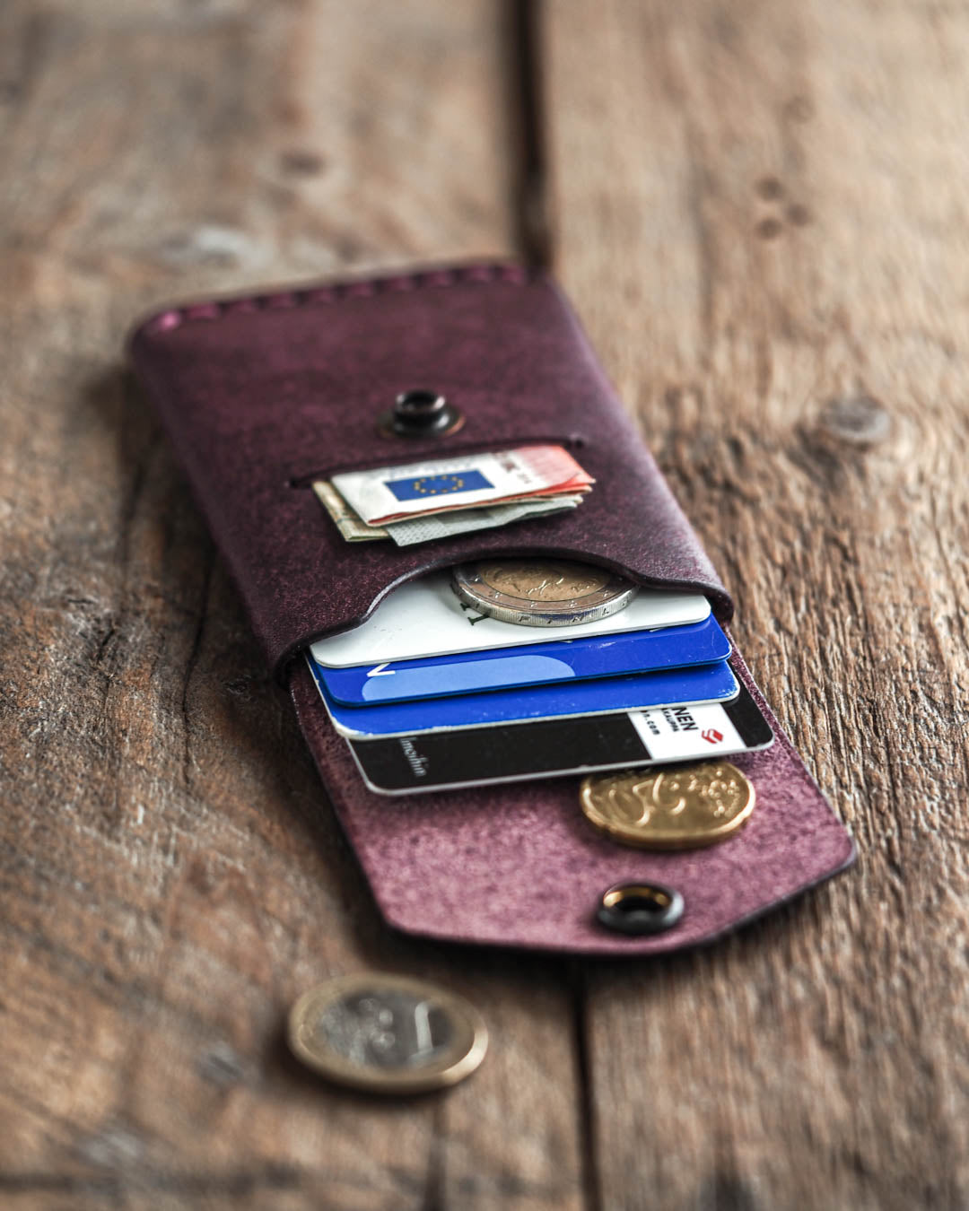 Luava handmade leather wallet messenger limited edition purple front in use open