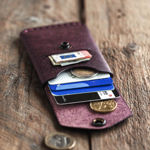 Luava handmade leather wallet messenger limited edition purple front in use open