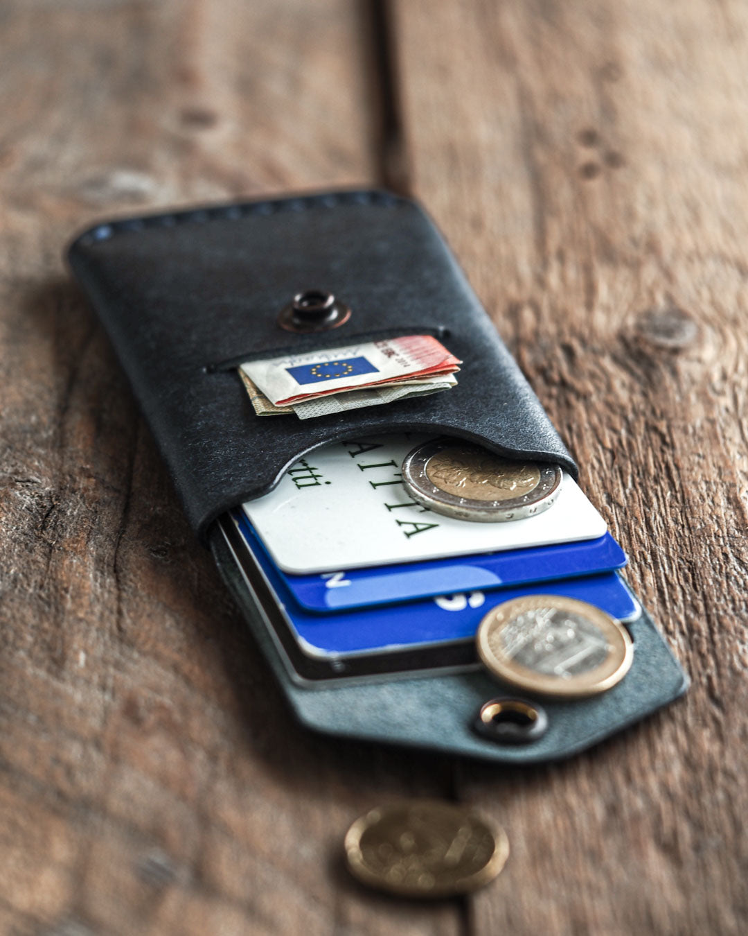 Luava handmade leather wallet messenger limited edition navy blue front open in use