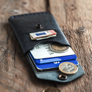 Luava handmade leather wallet messenger limited edition navy blue front open in use