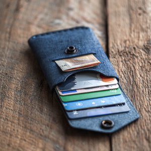 Messenger Wallet Fabric. handmade leather wallet open in use