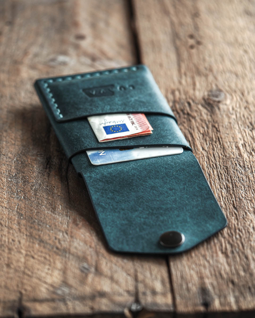 Luava handmade leather wallet Overfold aqua back in use open