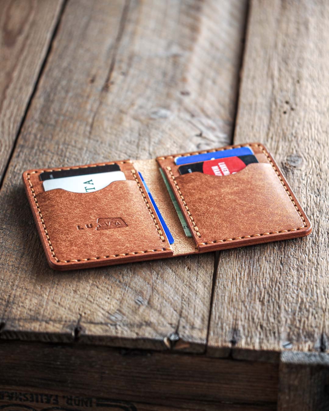 Luava handmade leather wallet ranch color cognac open in use