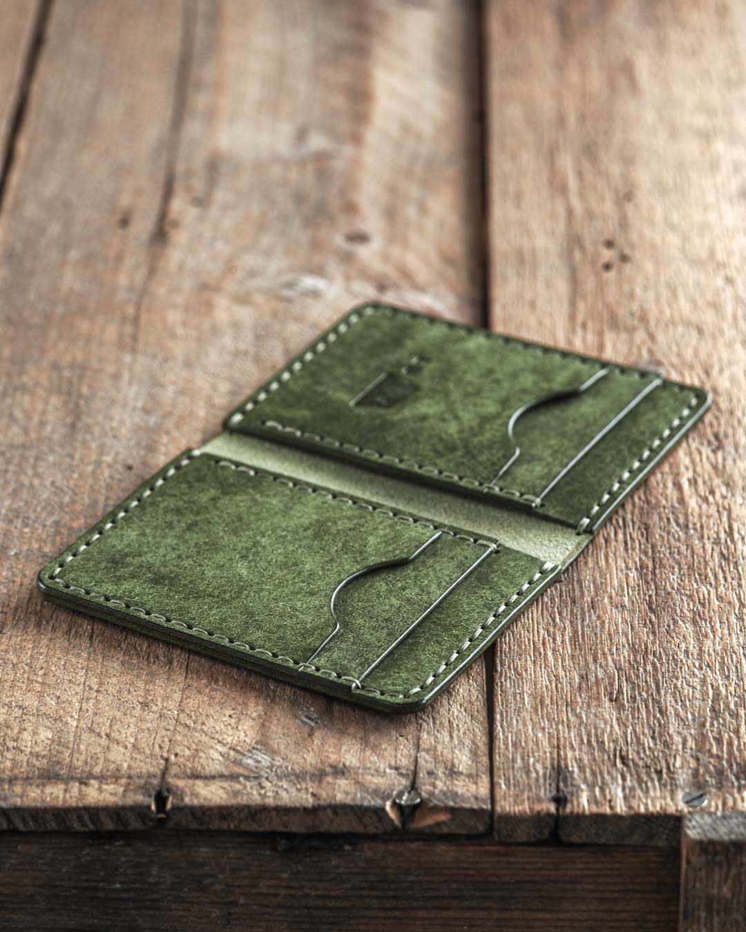 Luava handmade leather bi-fold wallet ranch color pine green open