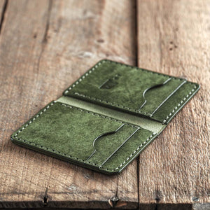 Luava handmade leather bi-fold wallet ranch color pine green open
