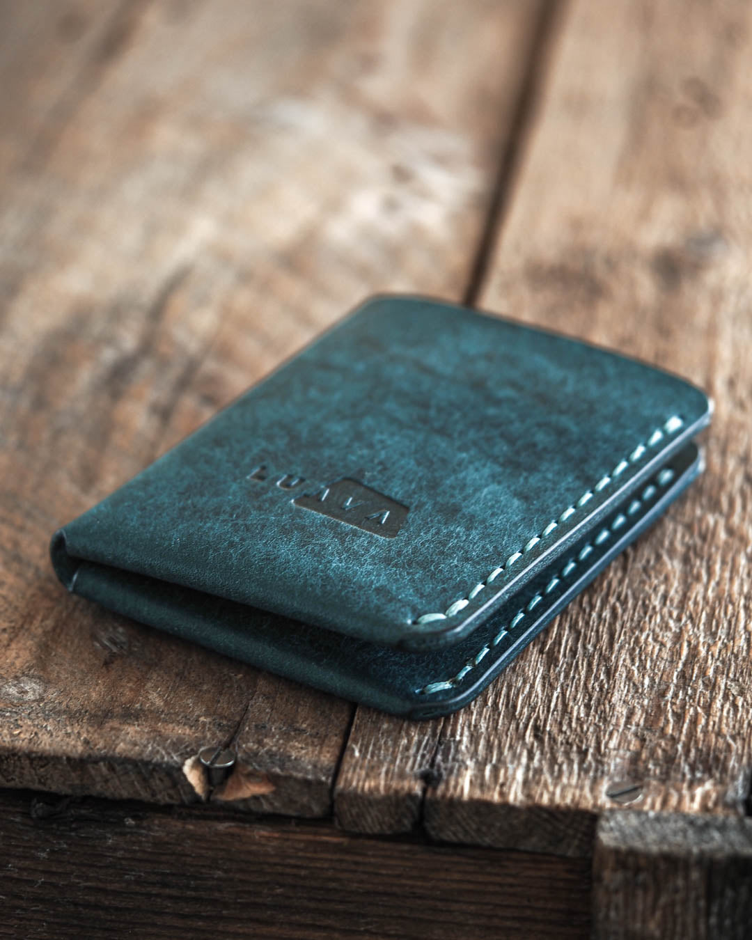 Luava handmade leather bi-fold wallet for men aqua front