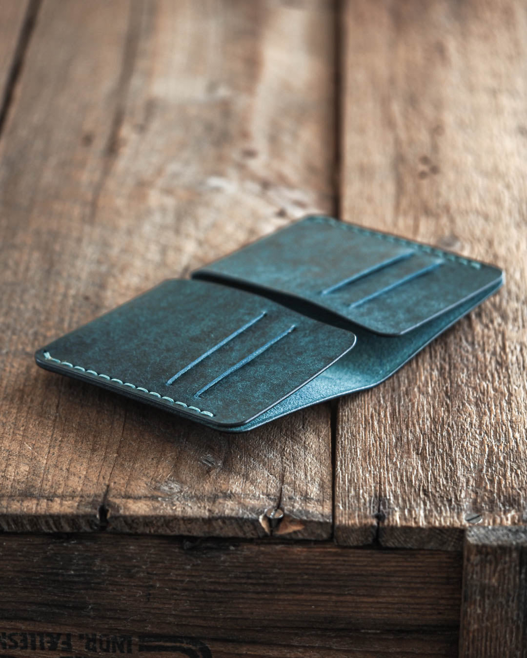 Luava handmade leather bi-fold wallet for men aqua open