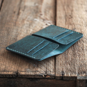 Luava handmade leather bi-fold wallet for men aqua open