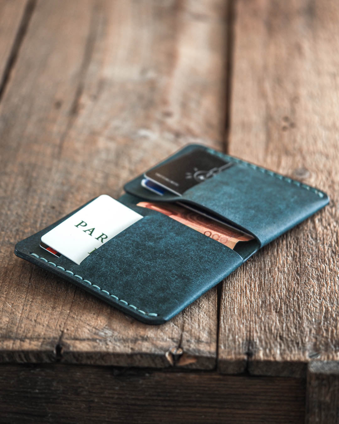 Luava handmade leather bi-fold wallet for men aqua front open in use