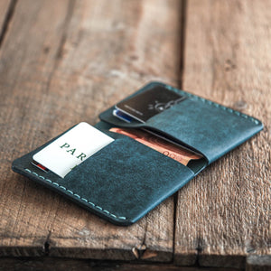 Luava handmade leather bi-fold wallet for men aqua front open in use