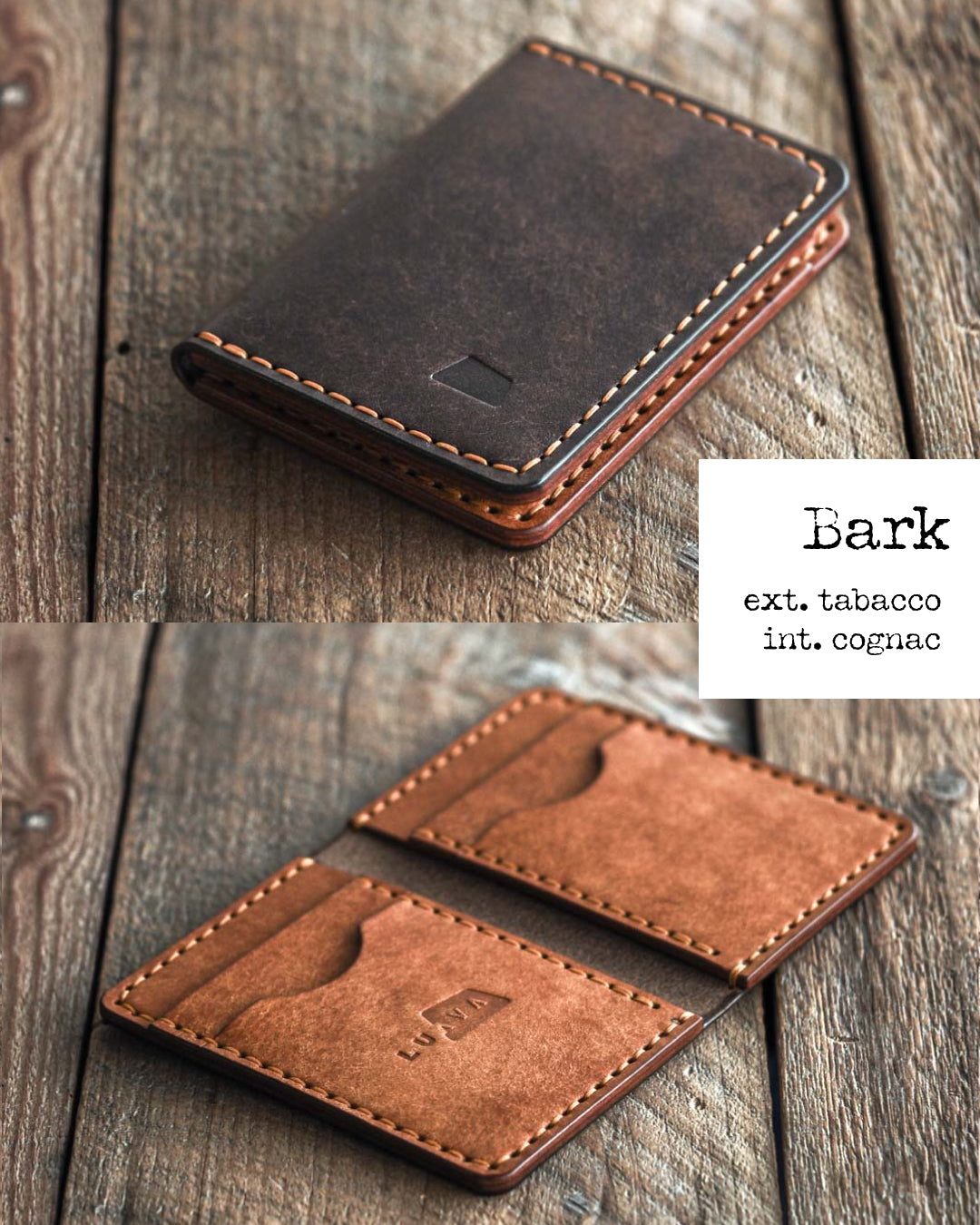 Luava handmade leather wallet dark brown tabacco and cognac brown combo called bark