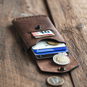 Handmade leather wallet coin pouch messenger wallet tabacco front open in use