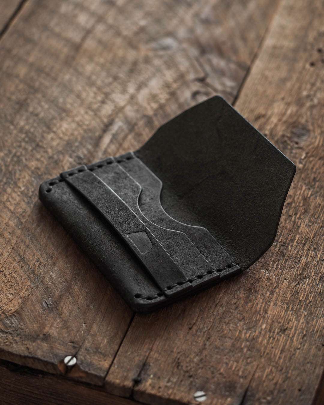 Handmade leather wallet open