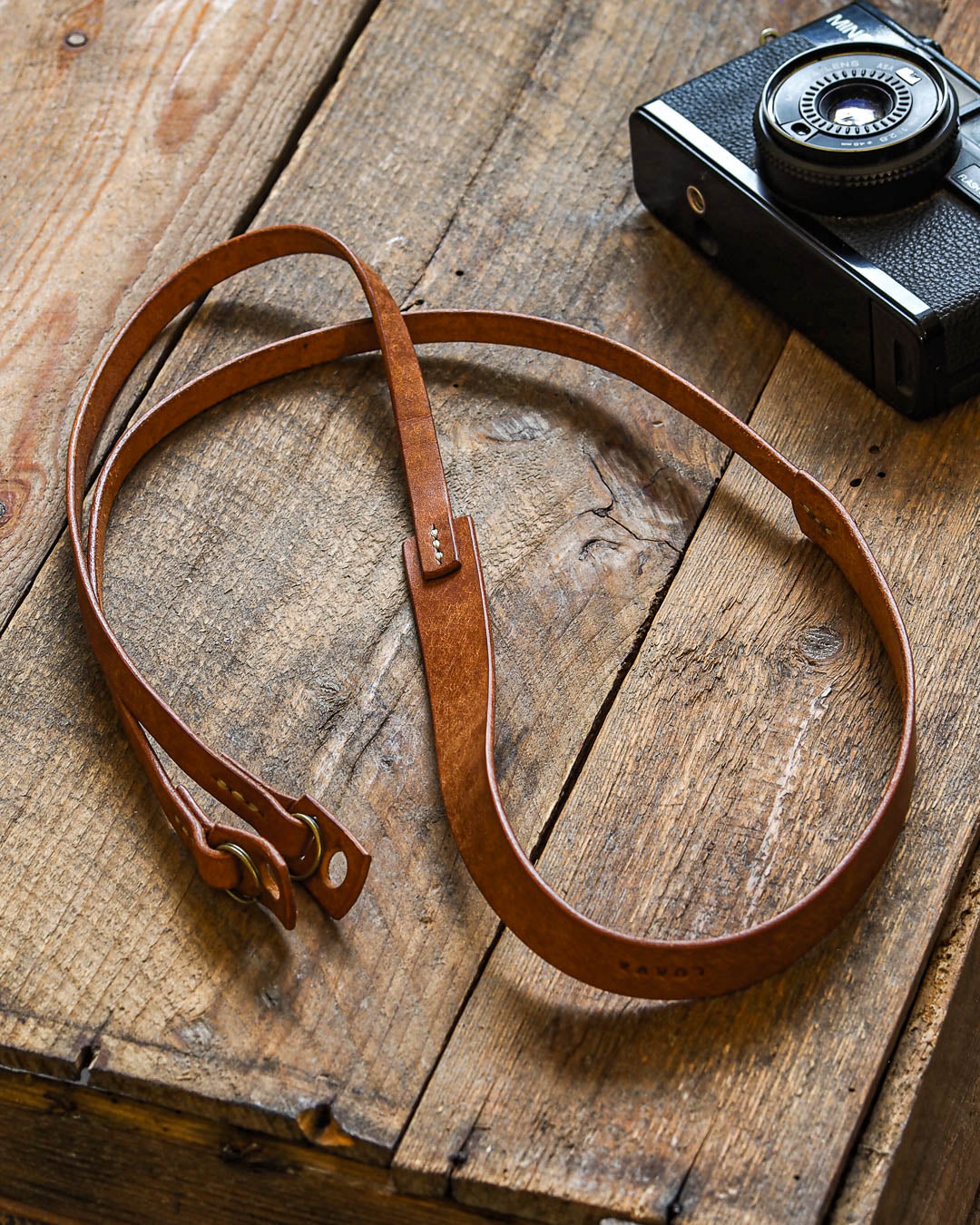 Luava handcrafted leather camera strap wide neckpad pueblo cognac