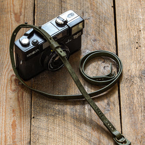 Luava handcrafted leather camera strap adjustable slim pueblo olive