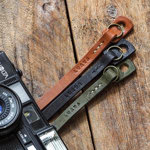 Luava handcrafted leather camera strap adjustable slim pueblo cognac black olive